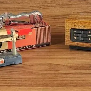 Group Lot: Vintage Kitchen Scale, Hand Beater, Hand Embossing Tool, and Radio