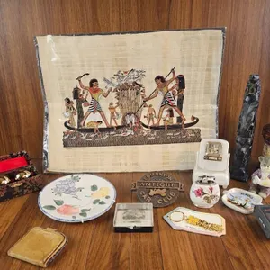 Collection Including Papyrus Artwork, Miniatures, Plate, and Accessories