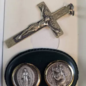 Religious Metal Crucifix and Two Saint Medallions with Case