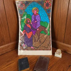 Religious Art Print with Accessories, Including Two Leather-Bound Books
