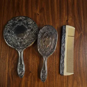 Three-Piece Silver-Tone Vanity Set with Mirror, Brush, and Comb