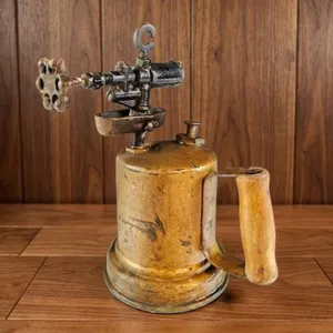 Vintage Brass Blowtorch with Wooden Handle and Cast Iron Components
