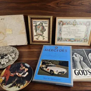 Curated Collection of Decorative Plate, Books, and Framed Items
