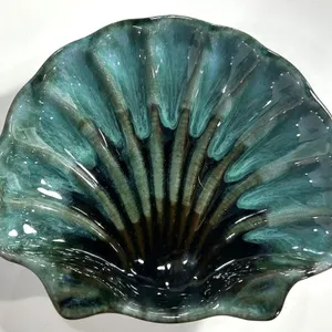 MID-CENTURY TEAL DRIP GLAZE SHELL BOWL