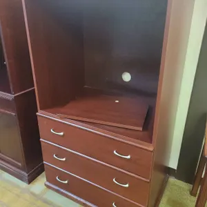 Wooden Media Cabinet with Three Drawers and Open Storage