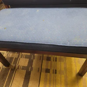 Rectangular Wood Bench with Blue Upholstered Seat