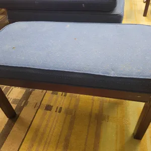 Rectangular Wood Bench with Blue Upholstered Seat