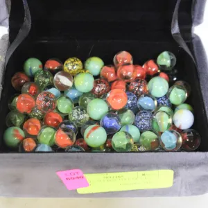 GREY VELVET BOX FULL OF VTG. MARBLES