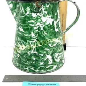 GRANITEWARE GREEN & WHITE SWIRL COFFEE POT