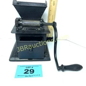 ANTIQUE GRINDER WITH DRAWER, WOOD BASE