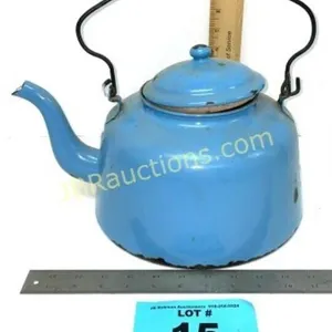 BLUE ENAMELWARE TEAPOT, KETTLE