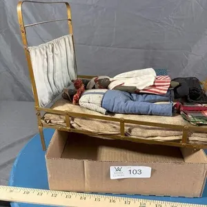 African American Folk Art Rag Dolls w/Metal Bed (m