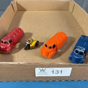 4 pcs; 3 Tootsie Metal Toy, 1 Metal Dinky Motorcyc
