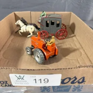 2 pcs; Metal Horse and Carriage, Orange Tractor