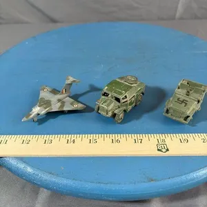 3 pcs; 2 Metal Dinky Toys, 1 plastic Jeep