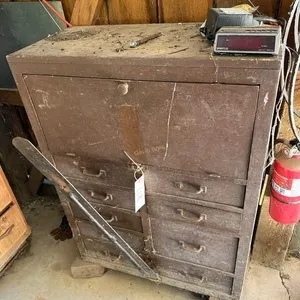 Wood Cabinet w/misc contents. Clamps etc