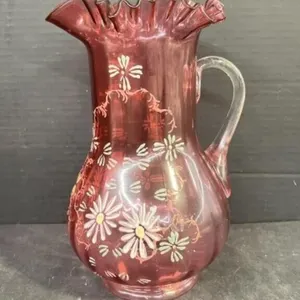 Hand Painted Cranberry Glass Pitcher With Clear