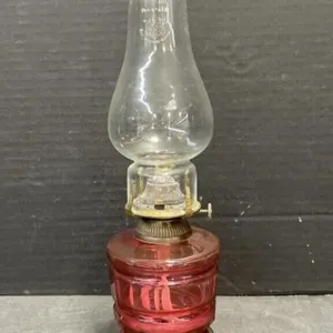 Cranberry Glass Base Oil Lamp With Shade
