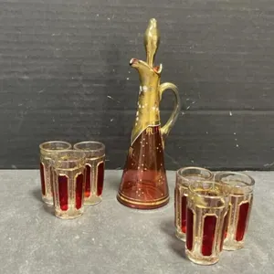 Cranberry Glass Small Decanter With Hand Painted