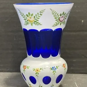 Cased White Cut-to-cobalt Glass Vase With Hand