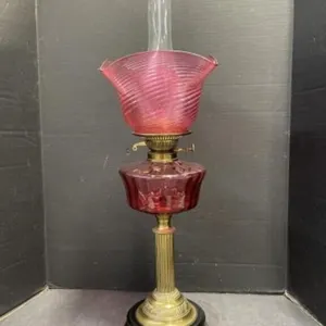 Antique Cranberry Glass Banquet Lamp With Metal