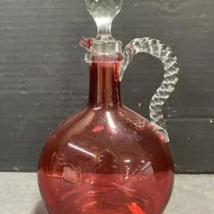 Cranberry Glass Decanter With Clear Handle &