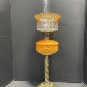Antique Banquet Lamp - Orange Glass & Brass Base