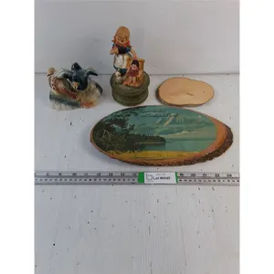 Vintage Ceramic Duck Figurine (Japan),(2) Wood Slice Plaques and Porcelain Music Box (Not working)