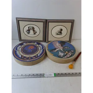 (2) Indigenous Framed Pictures - 11" x 10" & Set of Drums - As Is