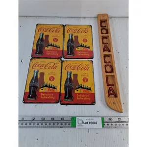 (4) Nostalgic-Art Retro Coca Cola  Tin Signs and Coca Cola Wood Sign Decor