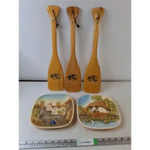 (3) Wooden Bass Pro Shop Paddles - H 18" & (2) Ceramic Decorative Village Plates- 8" x 8"