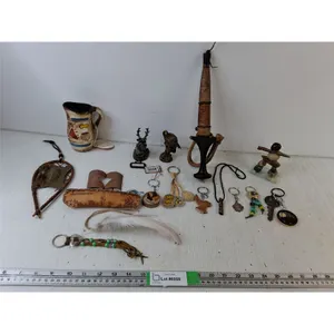 Assorted Indigenous Themed Keychains, Ceramic Pitcher w/ Indigenous Symbols, & Animal Stautes