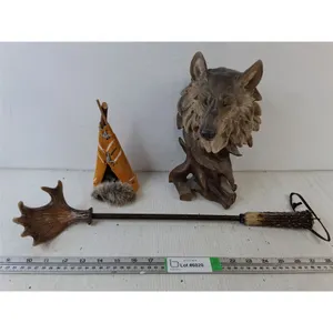 Wooden Cutout of a Wolf Head, Moose Antlers Back Scratcher, & Decorative Teepee