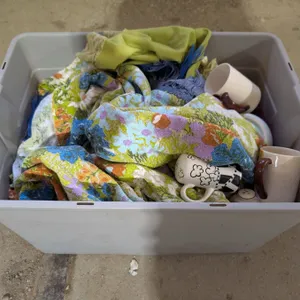 Storage Tub w/ Misc. Fabric. S+P Shakers, Mugs, and etc.)