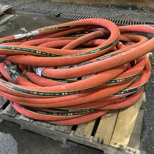 GROUP LOT OF CONTINENTAL DRINK LINE 1 1/4" FLUID TRANSFER HOSES. 9 PIECES. 5 X 16', 4 X 10'. RED.