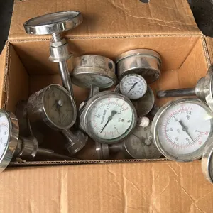 SHELF LOT OF PRESSURE GAUGES, PUMP PARTS, FITTINGS, GASKETS, NUFLO PARTS, ETC. 5 BOXES