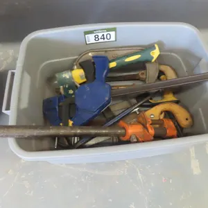 Lot - Container of Clamps, Hatchet, Pry Bar.