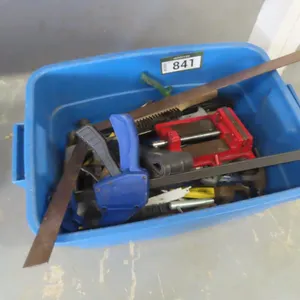 Lot - Container of Hammers, Clamps, Drill Vise, etc.