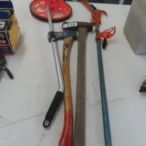 Lot - Trundle Wheel, Pruning Shears, (2) Axes.