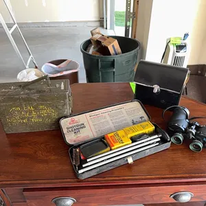 Ammo can, gun cleaning kit, binoculars