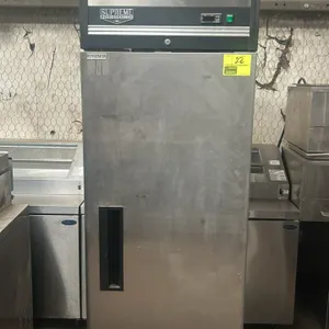 Supreme Refrigeration RIR1 reach-in refrigerator. Features stainless steel construction, single solid door, self-contained top-mounted refrigeration, 