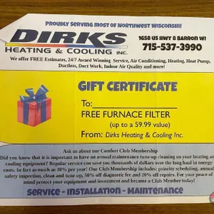DIRKS Heating & Cool Free Furnace Filter Certificate