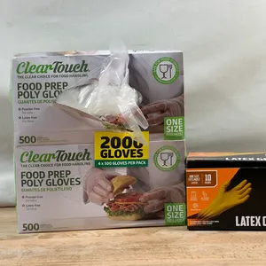 EGPT: Everyday Latex Gloves, 10 Pairs- New/Missing (1) Pair; Clear-Touch Food Prep Poly Gloves, One Size, 2,000-count- New/ Damaged Box/ Some Missing