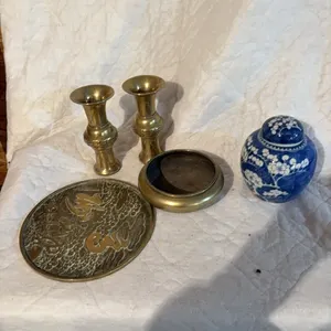 ORIENTAL PIECES-4 BRASS PIECES-COVERED POT