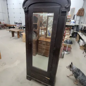 Antique Dark-Stained Wooden Armoire with Mirrored Door and Carved Shell Motif 78 x 30 x 18"