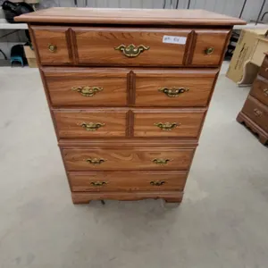 Oak Five-Drawer Chest of Drawers with Brass Bail Pulls 45 x 33 x 17"