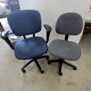 Two Fabric Office Task Chairs, Blue with Armrests and Gray Armless
