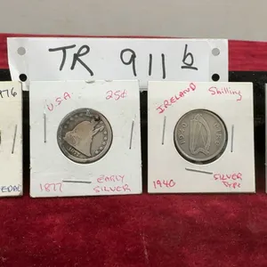 1914 Canadian Nickel, 1877 U.S. Seated Liberty Quarter, 1976 Israel Medal, 1940 Irish Shilling