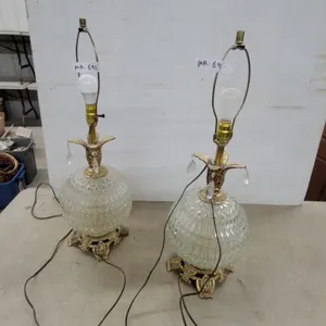Pair of Vintage Mid-Century Clear Faceted Glass Table Lamps with Crystal Prisms