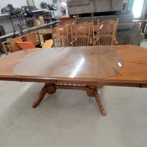 Traditional Oak Double Pedestal Dining Table 60 x 42 x 30" with Glass Table Cover | 2 Leafs 18"